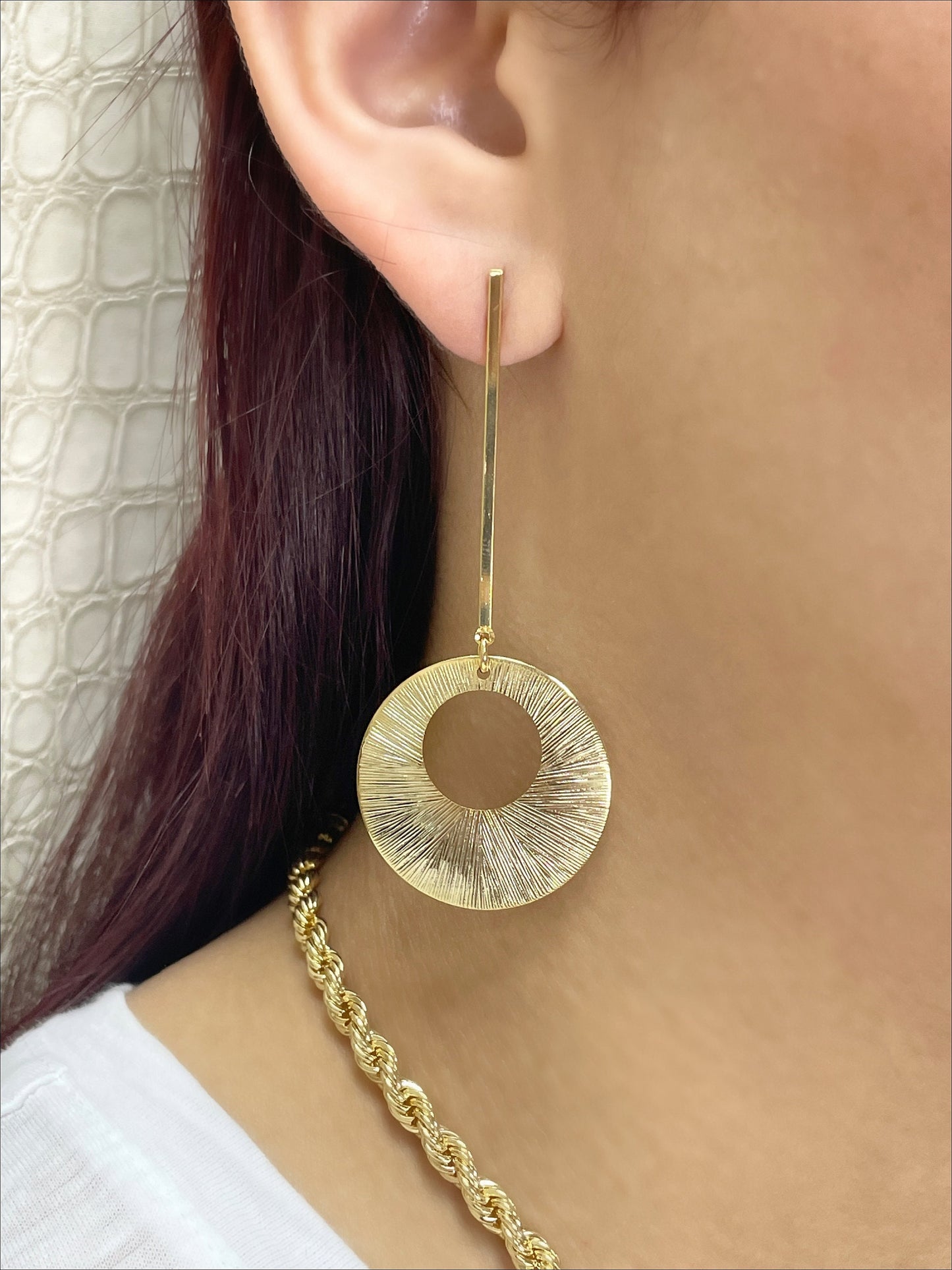18k Gold Filled Long Drop Earrings with Texturized Cutout Circle, Minimalist Jewelry, Wholesale Jewelry Making Supplies