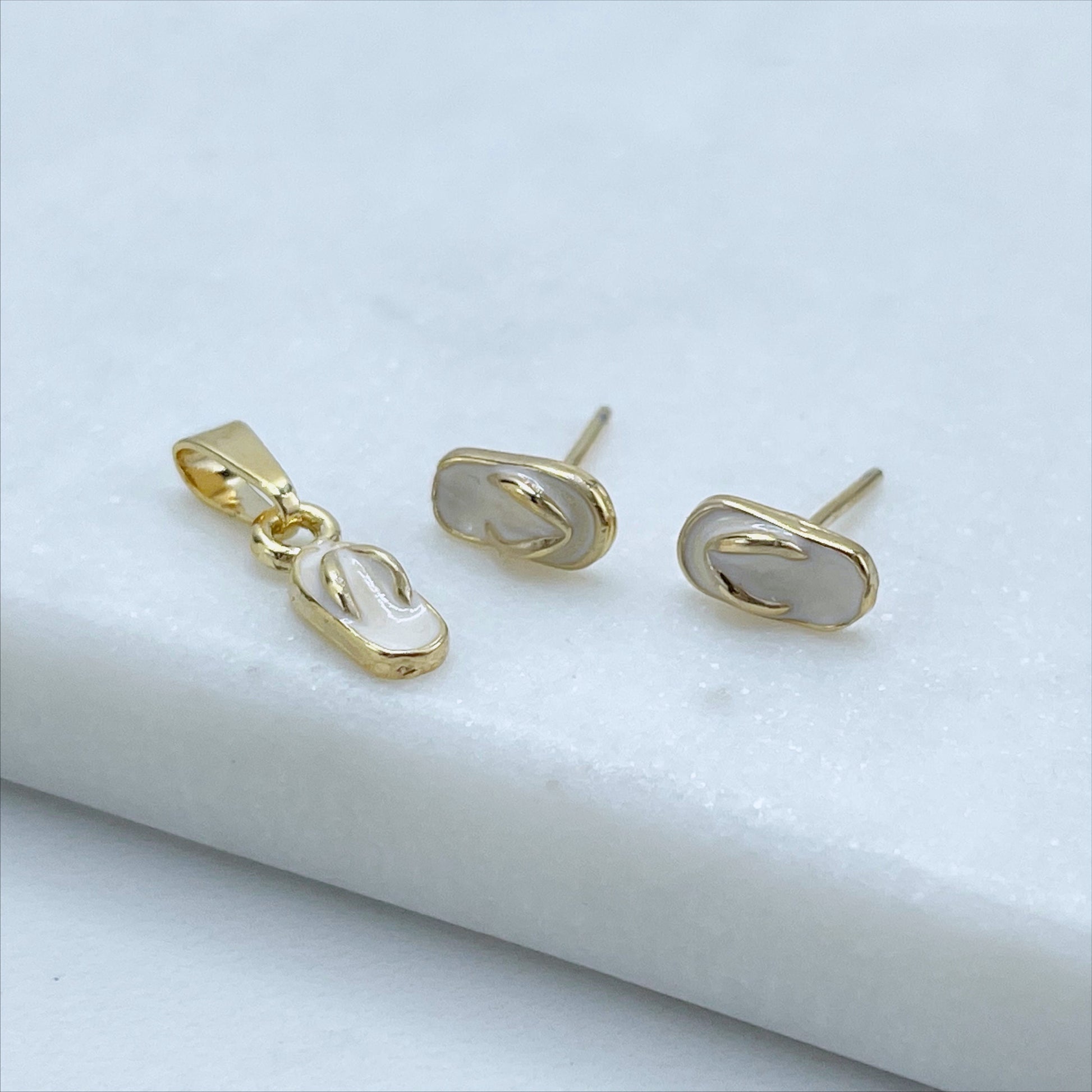 18k Gold Filled 16mm Pendant & 8mm Earrings Blue or White Flip Flops Set, Wholesale Jewelry Making Supplies