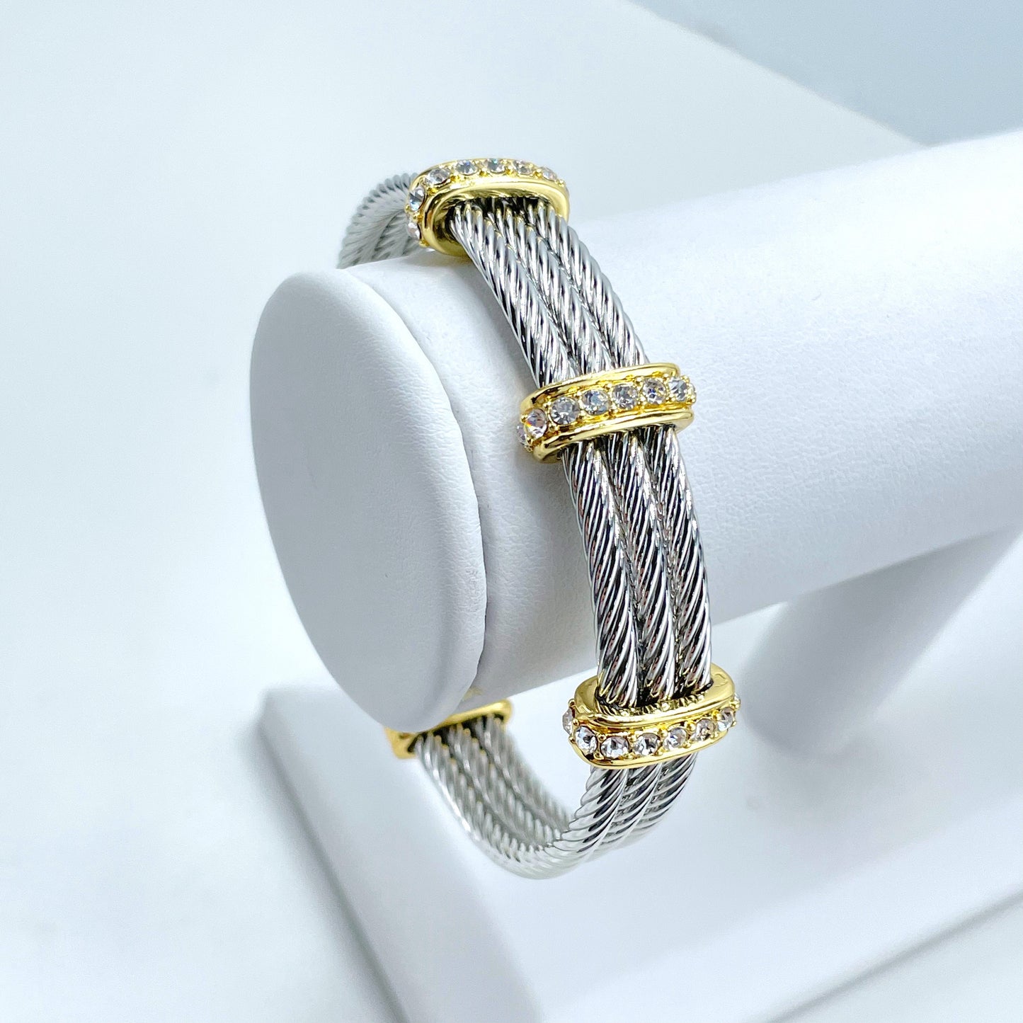 18k Gold Filled with Cubic Zirconia and White Gold Filled Texturized Twisted Waves Cuff Bracelet Wholesale Jewelry Making Supplies