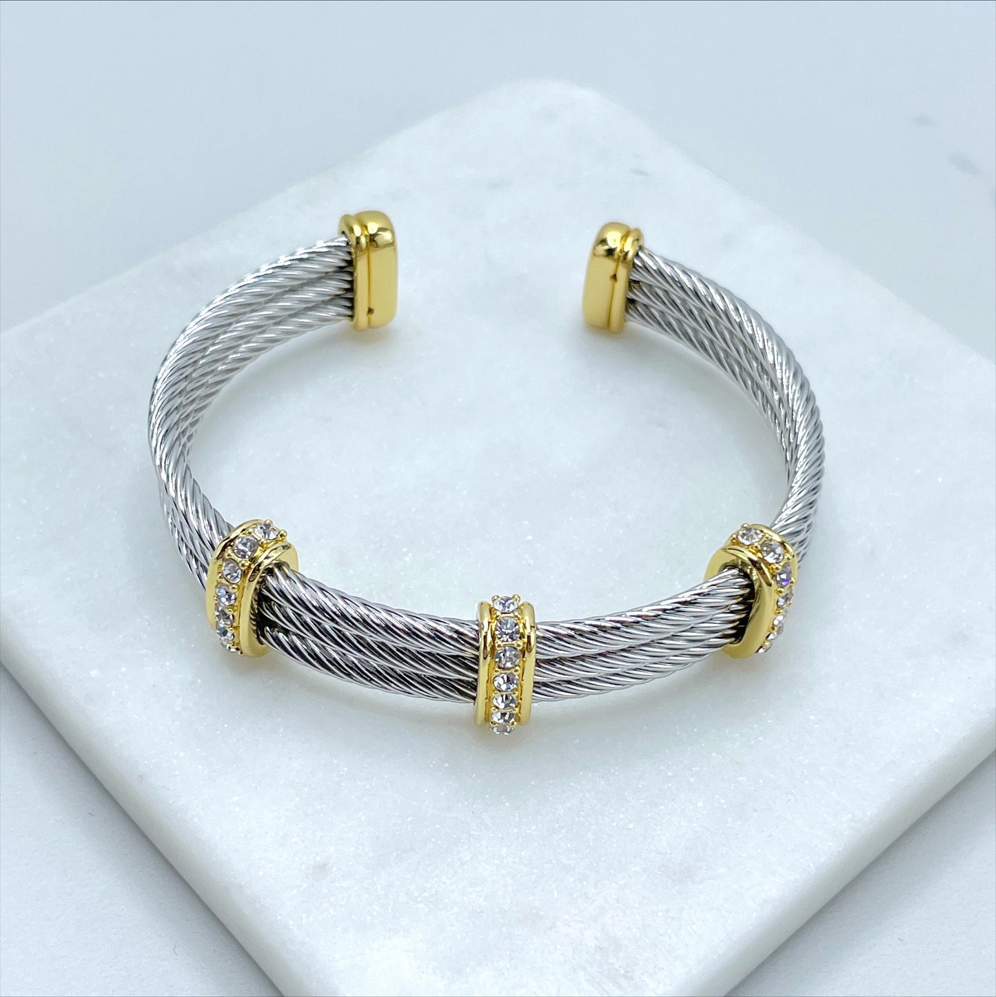 18k Gold Filled with Cubic Zirconia and White Gold Filled Texturized Twisted Waves Cuff Bracelet Wholesale Jewelry Making Supplies
