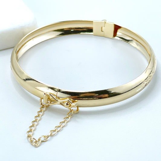 18k Gold Filled Diamond Cut Details Bangle Bracelet with Safety Lock, Small, Medium or Large Size, Wholesale Jewelry Supplies
