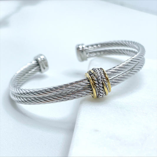 18k Silver Filled with Gold Filled Texturized Twisted Waves Cuff Bracelet Wholesale Jewelry Making Supplies