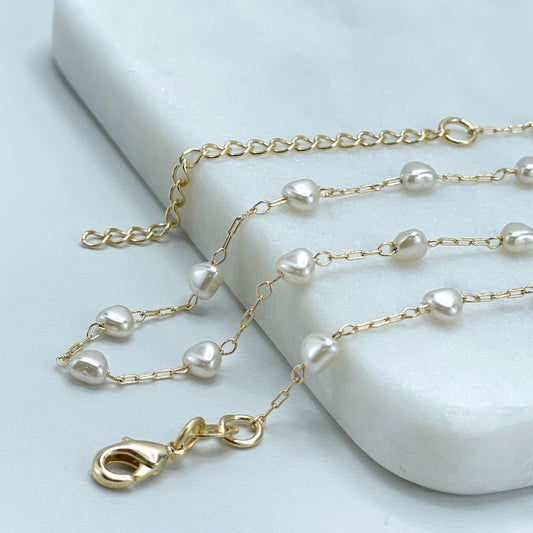 18k Gold Filled 1mm Paperclip, White Hearts Simulated Pearls, Necklace Wholesale Jewelry Supplies