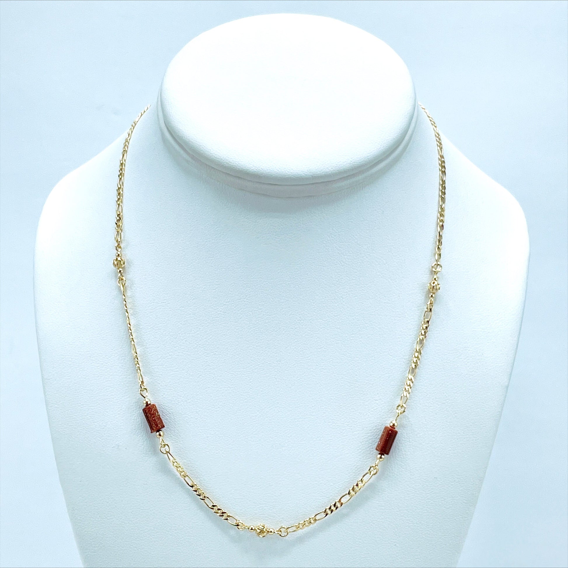 18k Gold Filled Brown Aventurine Tubular and Gold Beads 2.5mm Figaro Chain Necklace Wholesale Jewelry Making Supplies