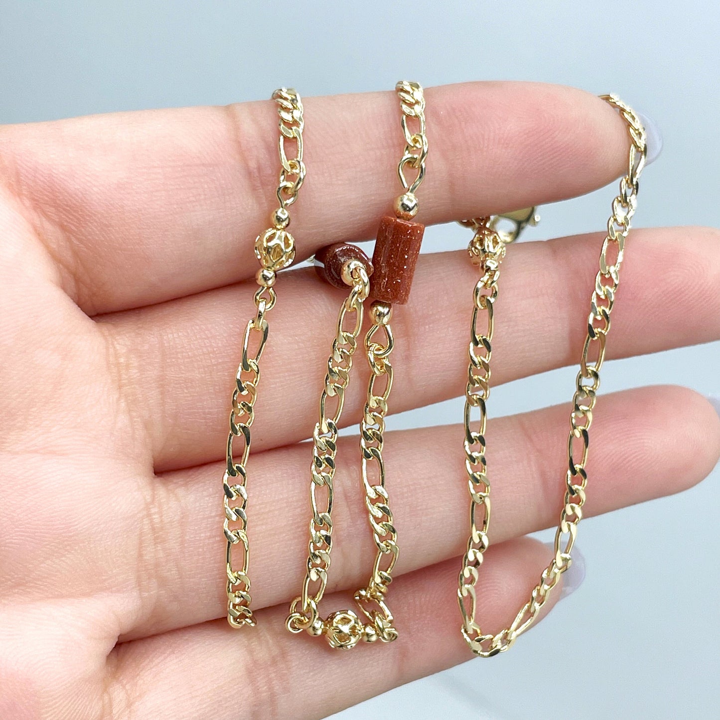 18k Gold Filled Brown Aventurine Tubular and Gold Beads 2.5mm Figaro Chain Bracelet Wholesale Jewelry Making Supplies