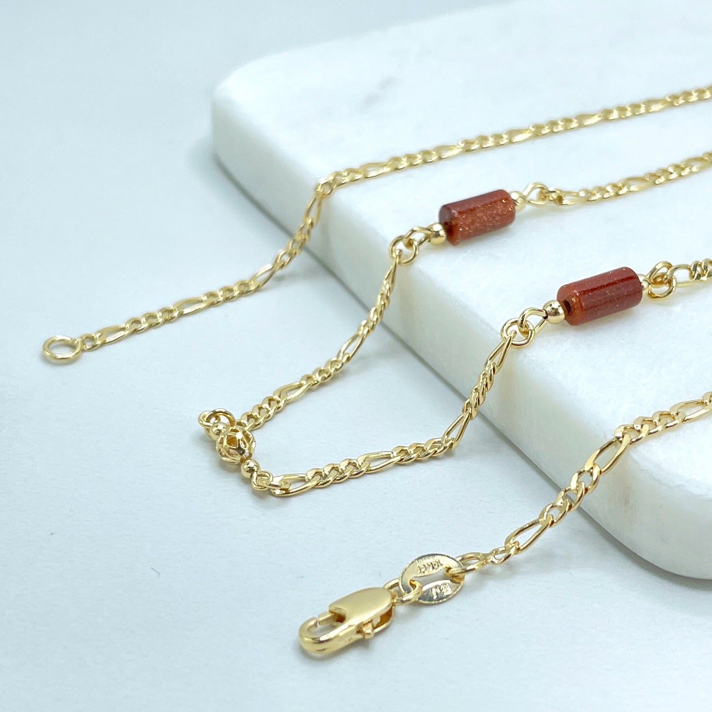 18k Gold Filled Brown Aventurine Tubular and Gold Beads 2.5mm Figaro Chain Necklace Wholesale Jewelry Making Supplies