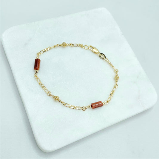 18k Gold Filled Brown Aventurine Tubular and Gold Beads 2.5mm Figaro Chain Bracelet Wholesale Jewelry Making Supplies