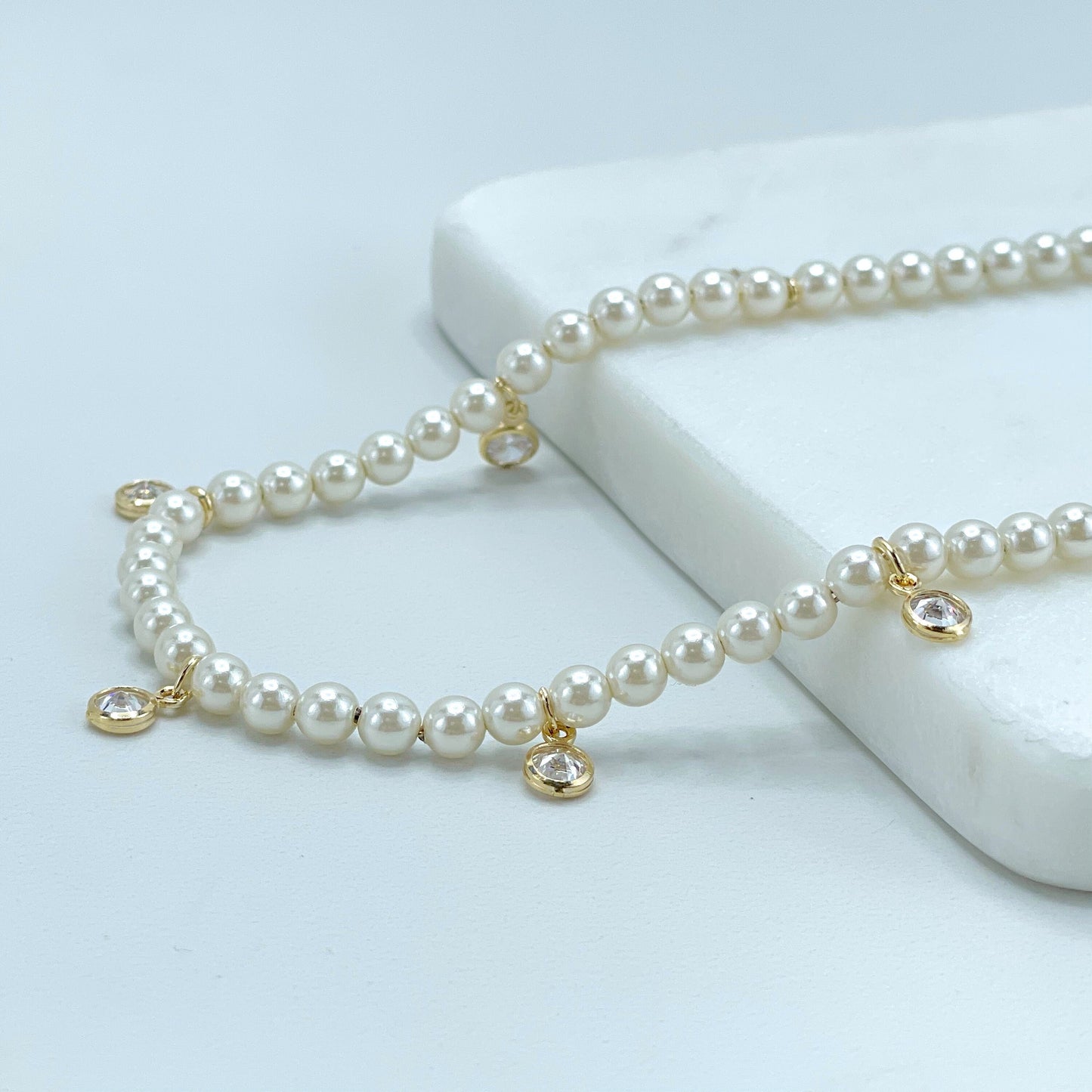 18k Gold Filled 4mm White Simulated Pearls, Width Cubic Zirconia Necklace or Bracelet Set Wholesale Jewelry Supplies