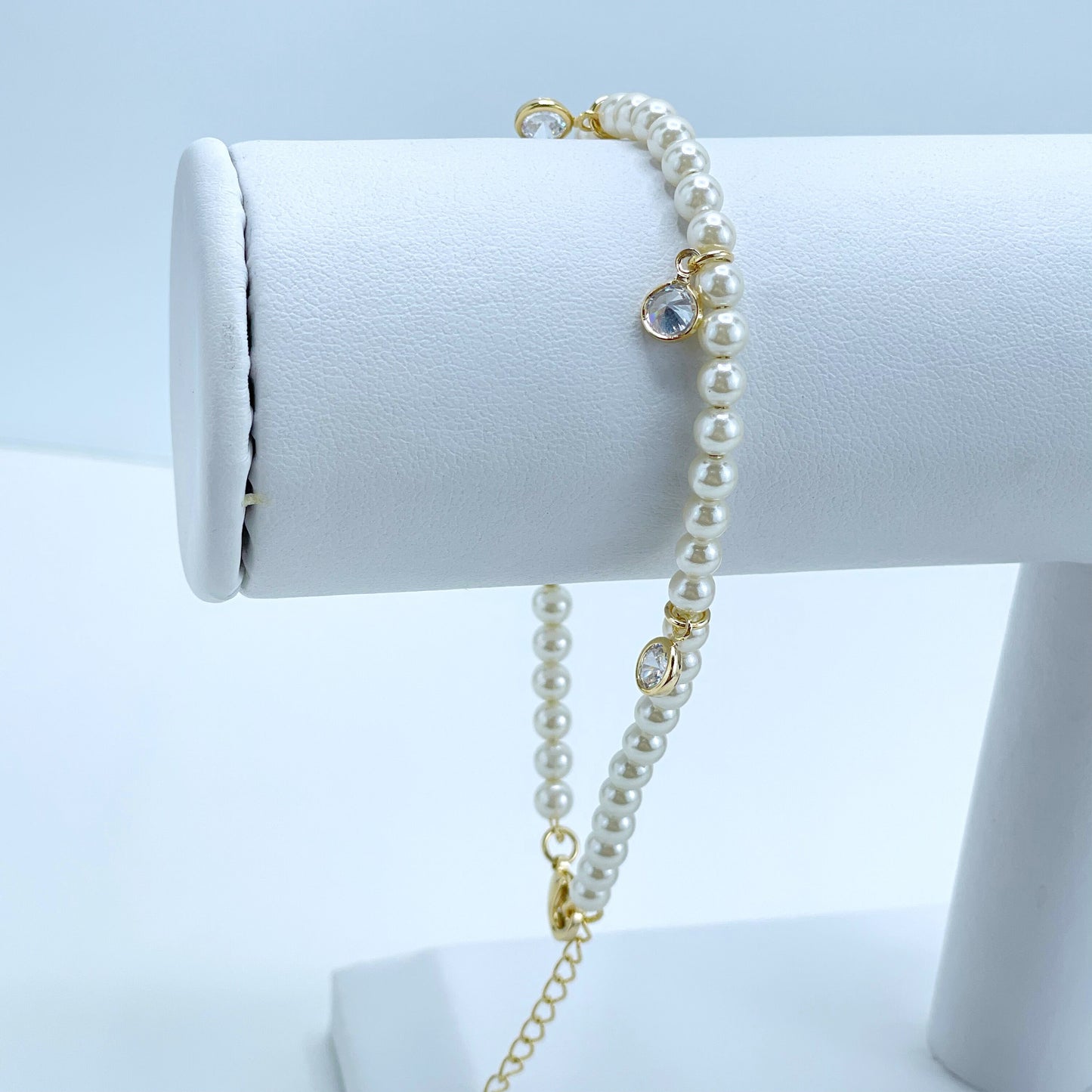 18k Gold Filled 4mm White Simulated Pearls, Width Cubic Zirconia Necklace or Bracelet Set Wholesale Jewelry Supplies