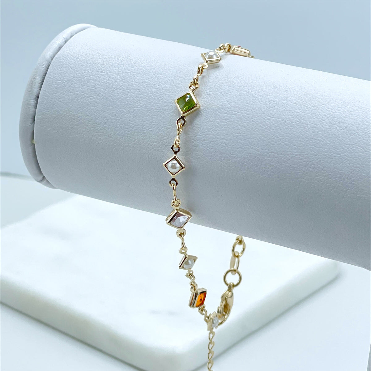 18k Gold Filled Colorful Stones in Square, Simulated White Pearls, Bracelet Wholesale Jewelry Supplies