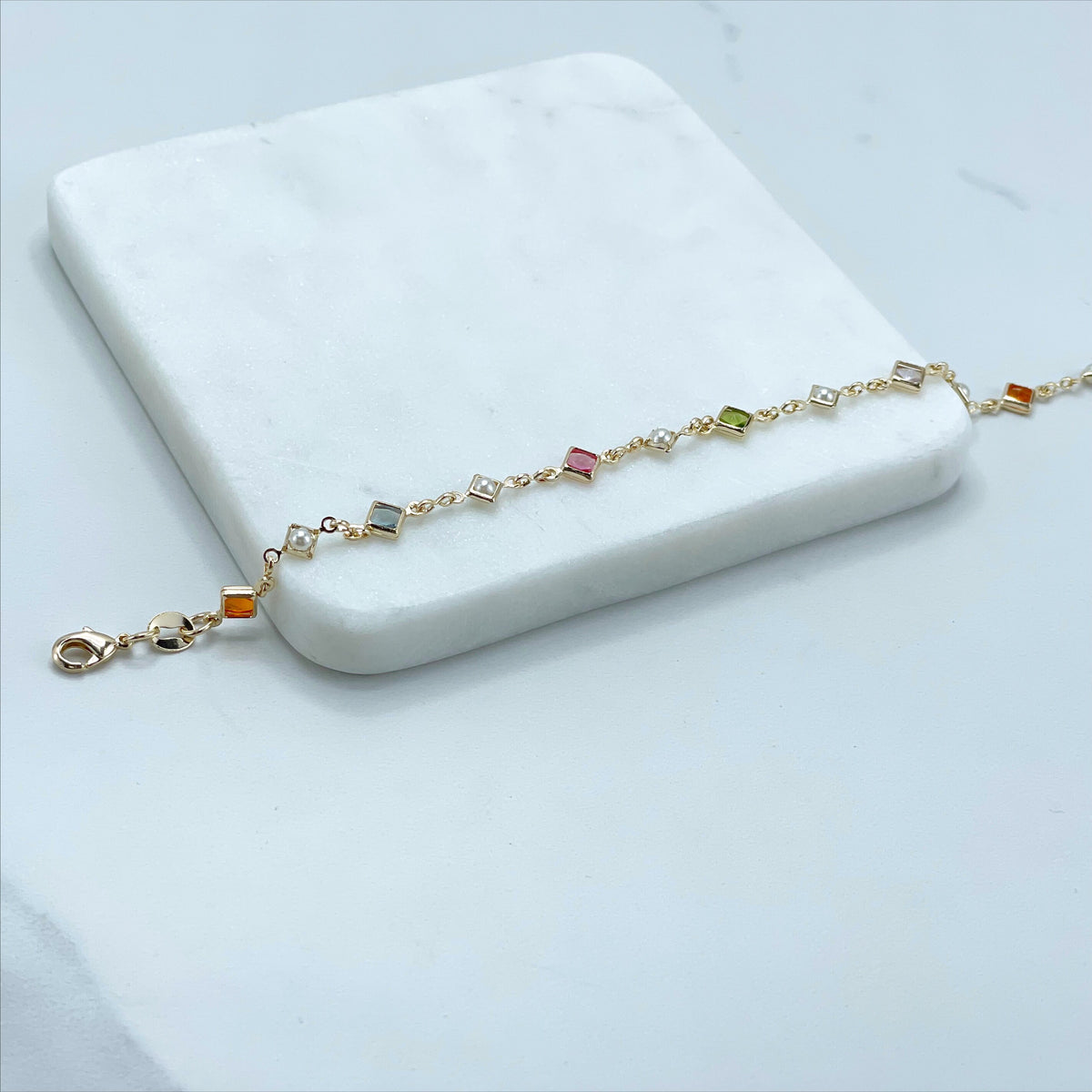 18k Gold Filled Colorful Stones in Square, Simulated White Pearls, Bracelet Wholesale Jewelry Supplies