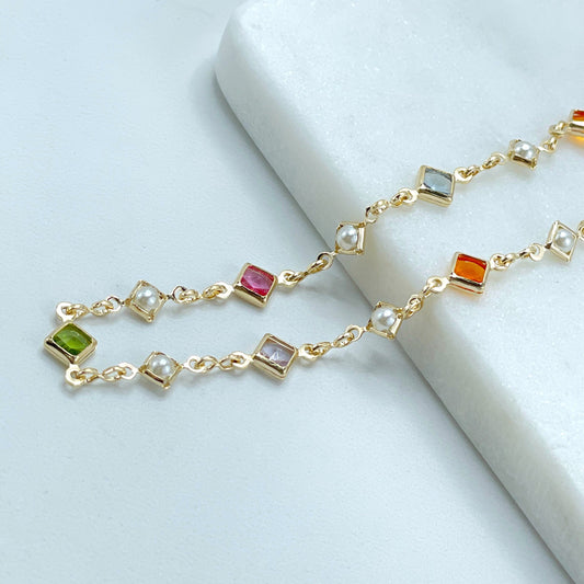18k Gold Filled Colorful Stones in Square, Simulated White Pearls, Bracelet Wholesale Jewelry Supplies