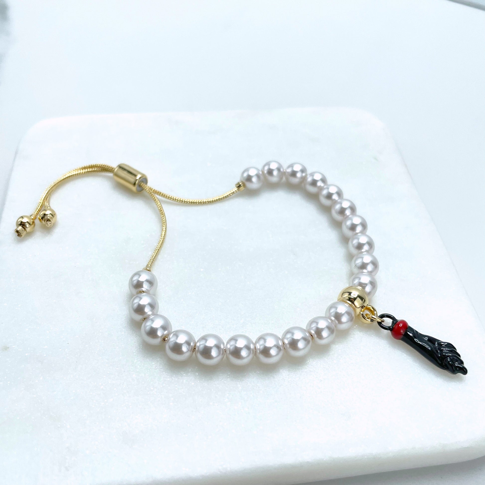 18k Gold Filled White Beads, Simulated Pearls Black Figa Hand Charm, Adjustable Bracelet, Protection Jewelry WholesaleJewelry Supplies