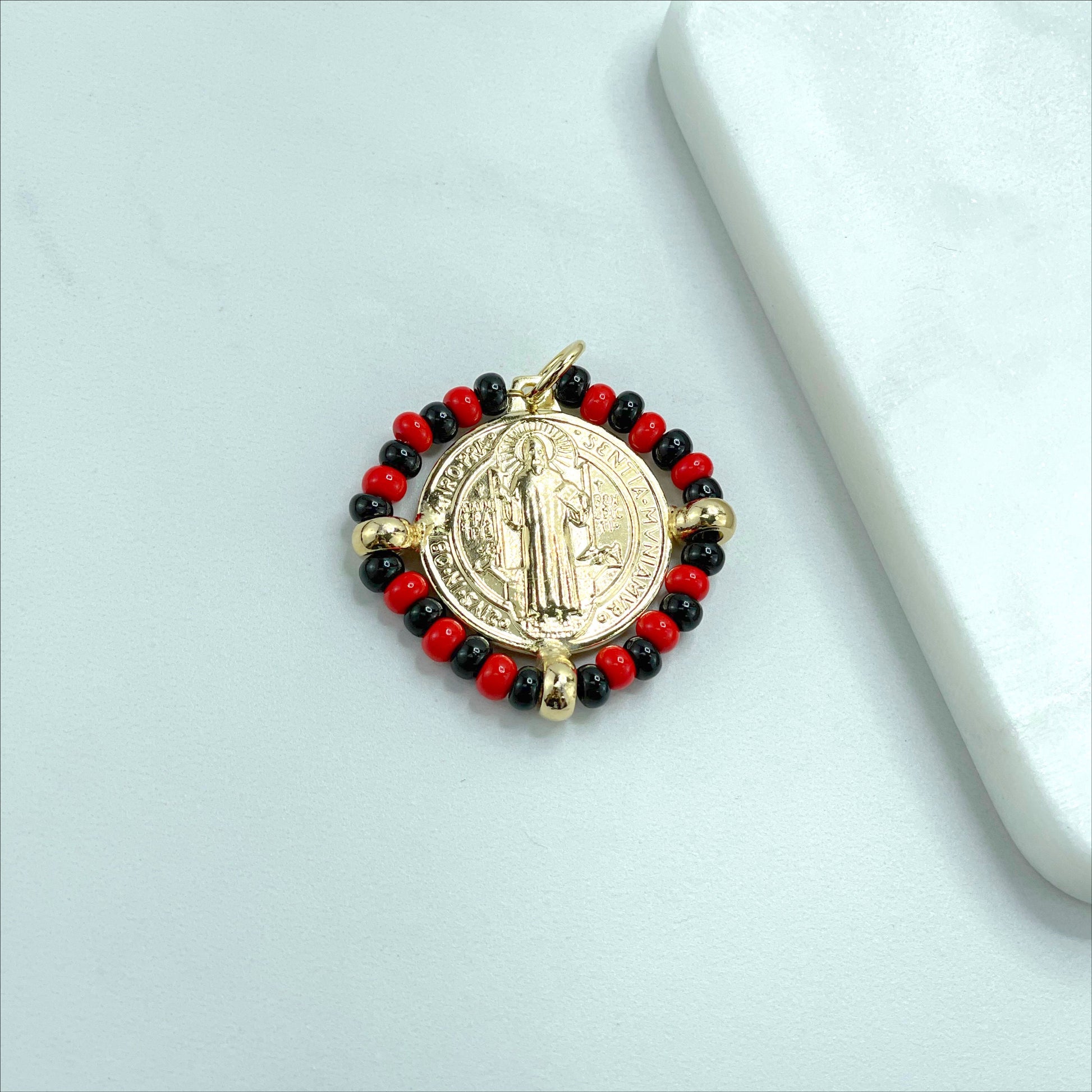 18k Gold Filled San Benito Coin, Black & Red Beads, 2 Sided Round Pendant Charms, Reversible San Benito, Wholesale Jewelry Making Supplies
