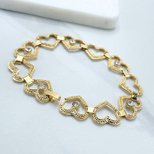 18k Gold Filled with Clear Cubic Zirconia Linked Texturized Hearts Bracelet Wholesale Jewelry Making Supplies