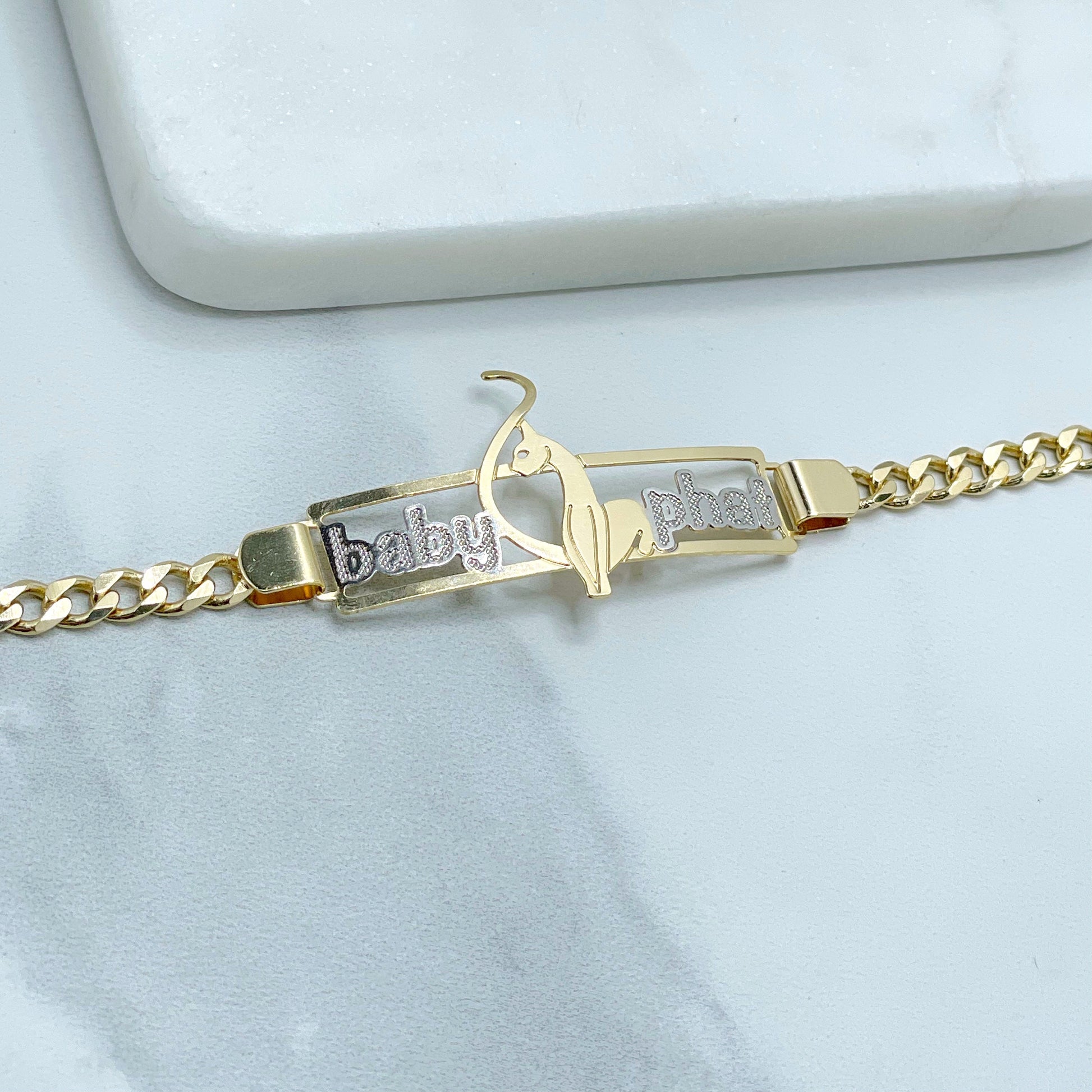 18k Gold Filled with White GF ''Baby Phat'' Word, Cat in Plate, CUBAN LINK Chain 8 inches Bracelet  Wholesale Jewelry Supplies