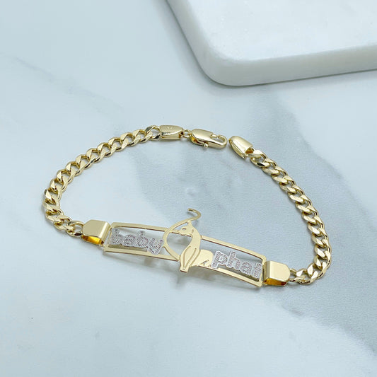 18k Gold Filled with White GF ''Baby Phat'' Word, Cat in Plate, CUBAN LINK Chain 8 inches Bracelet  Wholesale Jewelry Supplies