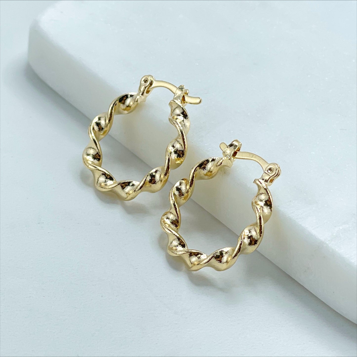 18k Gold Filled 20 or 30mm Twisted Hoop Earrings, Push Back Closure, Wholesale Jewelry Supplies