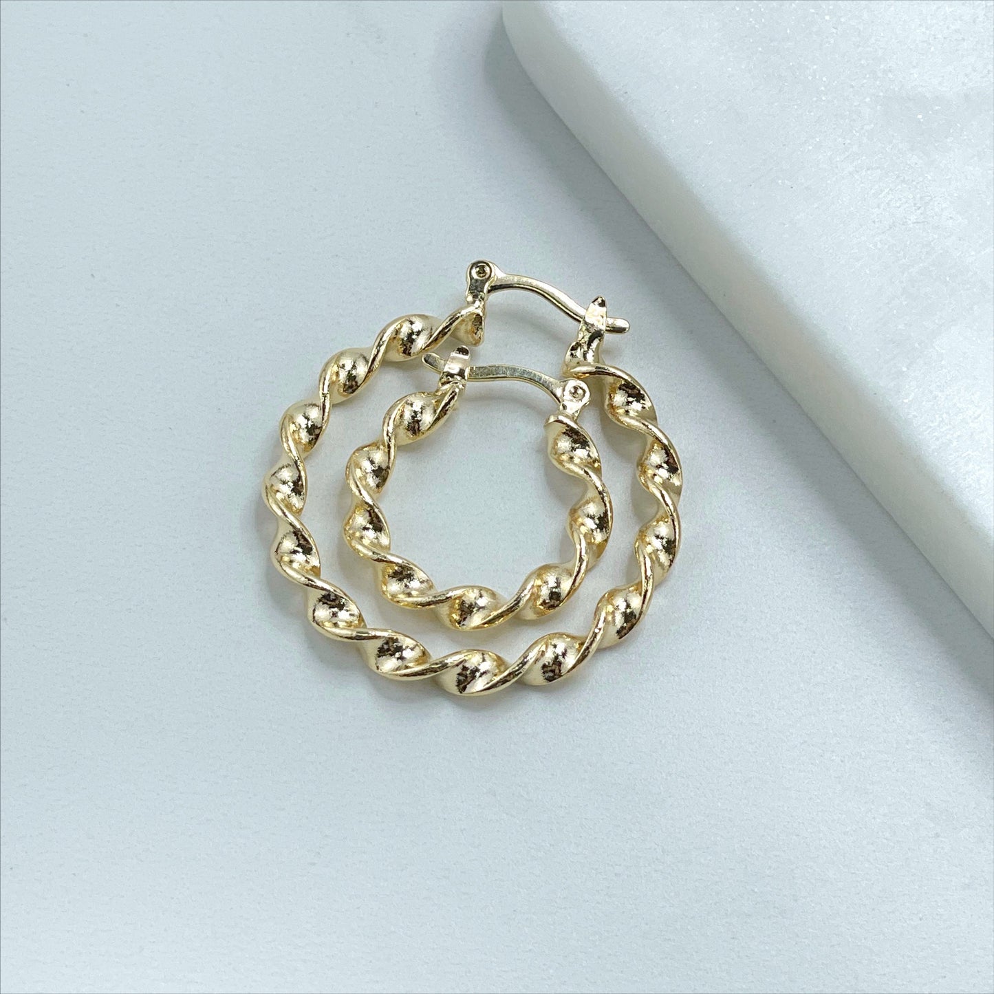 18k Gold Filled 20 or 30mm Twisted Hoop Earrings, Push Back Closure, Wholesale Jewelry Supplies