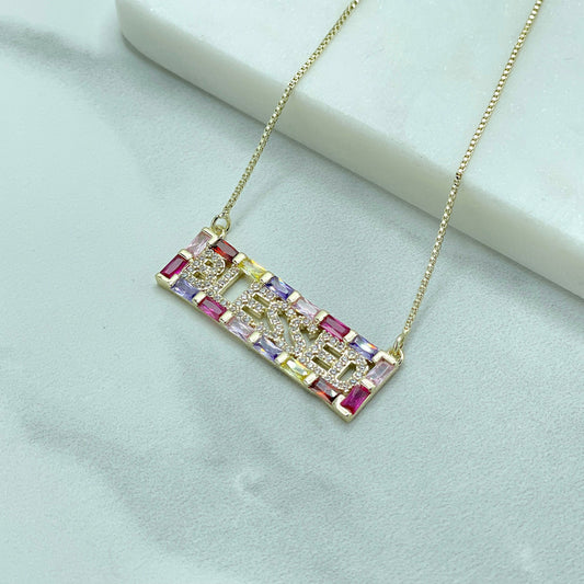 18k Gold Filled Fancy Box Chain, '' Blessed ''  Word, Colored Cubic Zirconia, Necklace, Wholesale Jewelry Supplies
