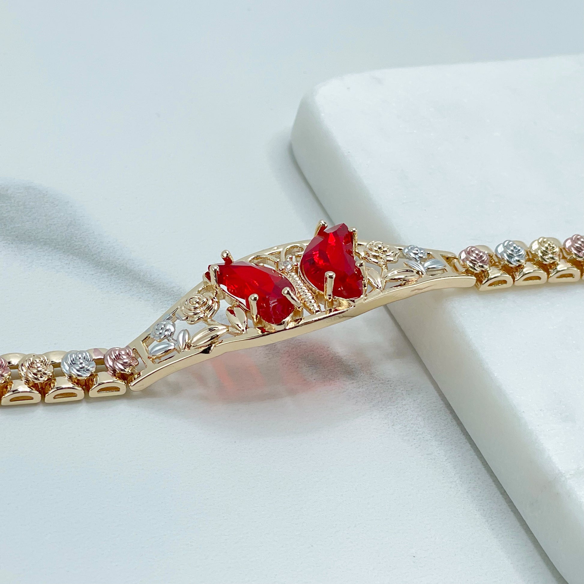 18k Gold Filled Three Tone Rose Flowers, Old Pink or Red Zirconia Butterfly, Bracelet, Wholesale and Jewelry Supplies