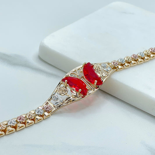 18k Gold Filled Three Tone Rose Flowers, Red or Old Pink Zirconia Butterfly, Bracelet, Wholesale and Jewelry Supplies
