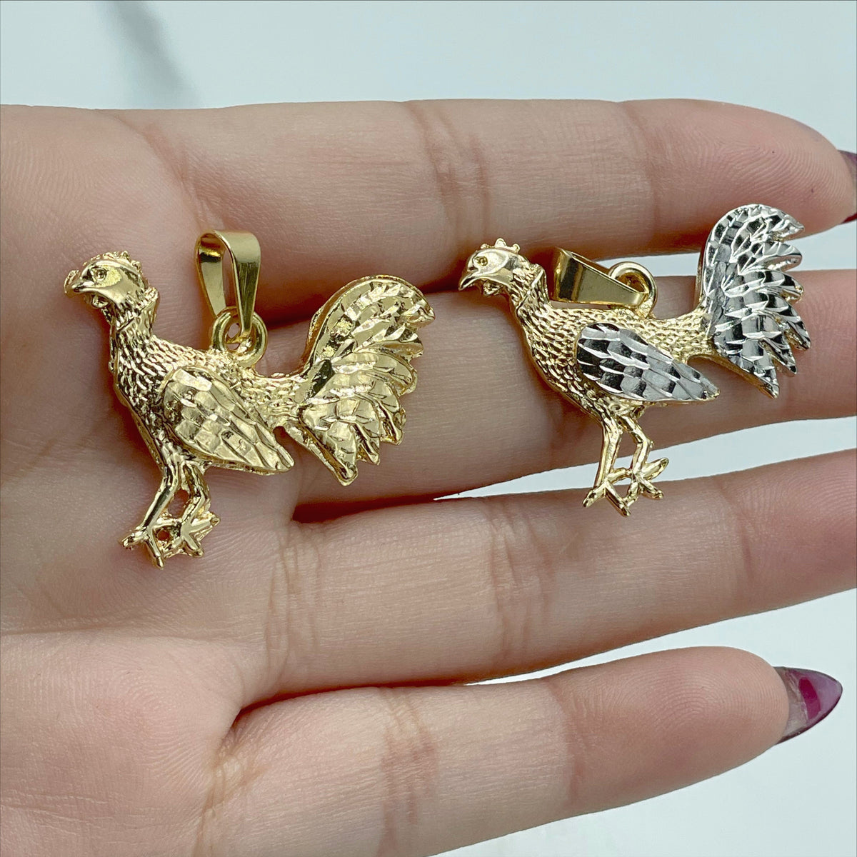 18k Gold Filled Texturized Rooster Shape Pendant Charms, Gold, Two Tone Wholesale Jewelry Making Supplies