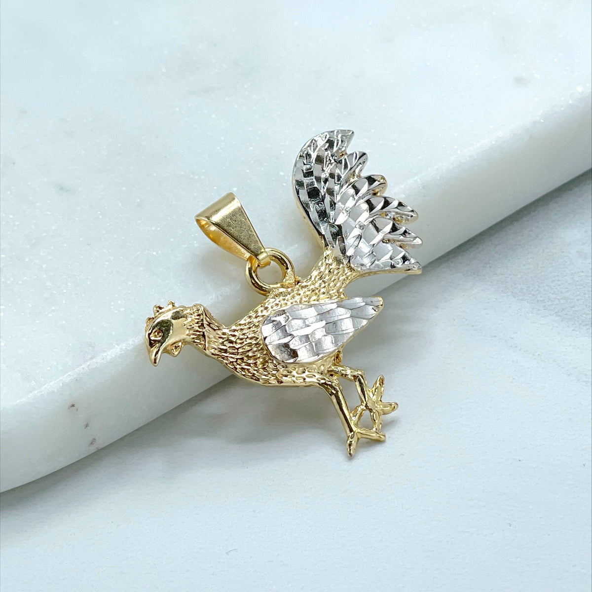 18k Gold Filled Texturized Rooster Shape Pendant Charms, Gold, Two Tone Wholesale Jewelry Making Supplies