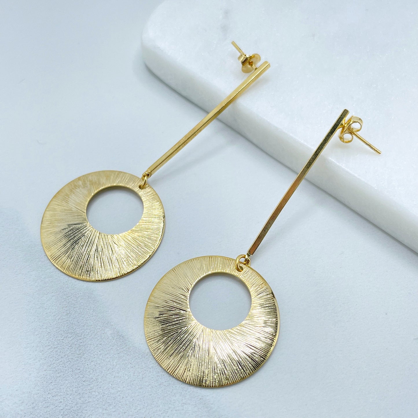 18k Gold Filled Long Drop Earrings with Texturized Cutout Circle, Minimalist Jewelry, Wholesale Jewelry Making Supplies