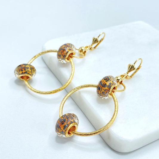 18k Gold Filled Textured Circles with Two Animals Prints Balls Drop Dangles Earrings, Fashion Wholesale Jewelry Making Supplies