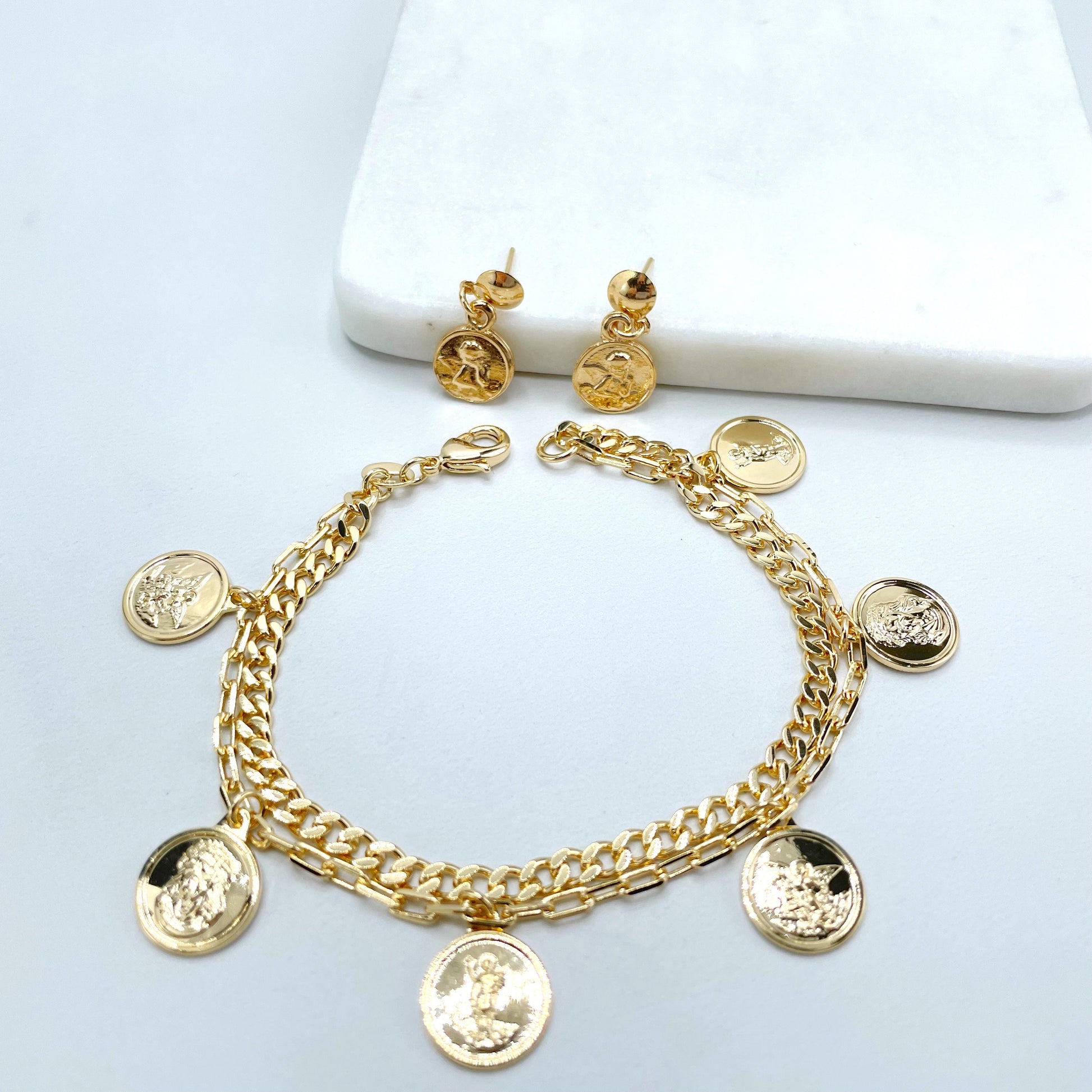 18k Gold Filled Double Curb Link and Paperclip Link, San Miguel, Jesus Christ & St. Expedite Medals Bracelet or Angel Earring Wholesale