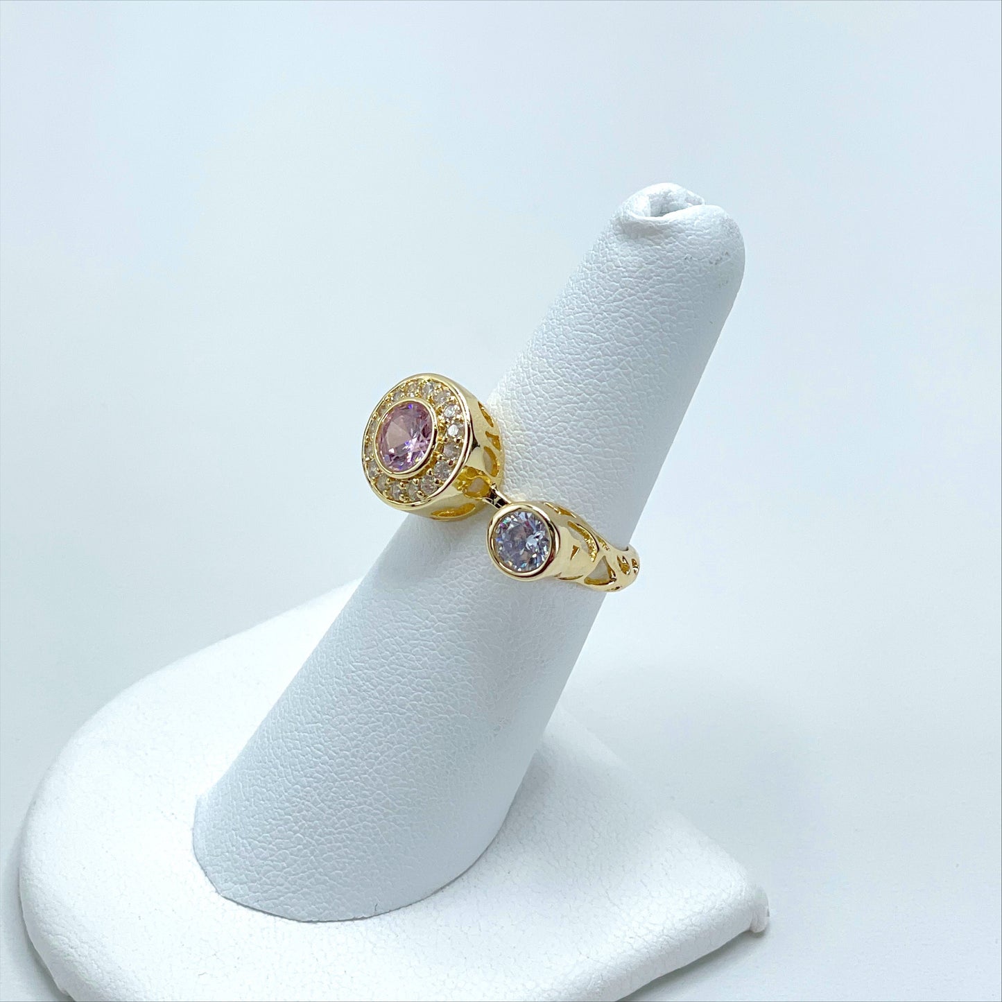 18k Gold  Filled Clear Micro Cubic Zirconia, Pink and White Zircon Stones, Hearts Hallow Ring, Wholesale Jewelry Making Supplies