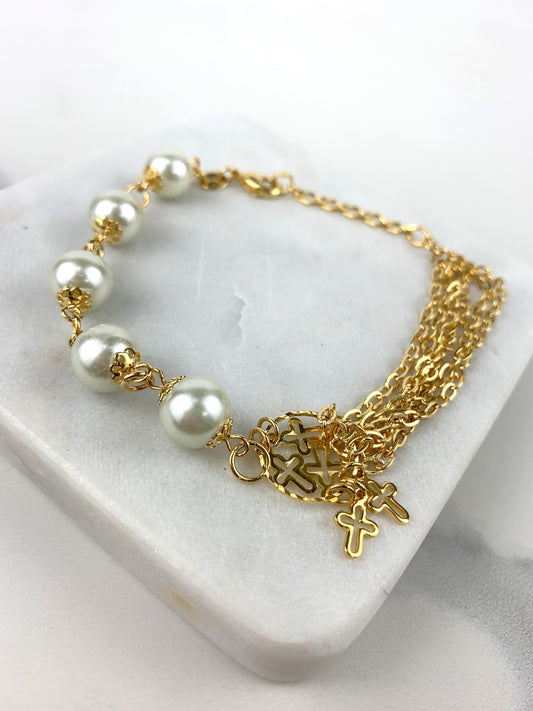 18k Gold Filled Crosses in Circle and White Simulated Pearls 8 inches Bracelet Wholesale Jewelry Supplies