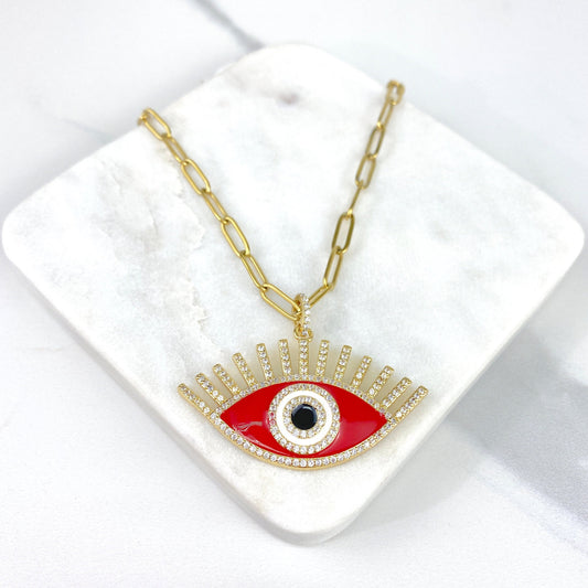 Gold Plated On Stainless Steel 4mm Paperclip Chain 16 inches with Evil Eye Charms White or Red Necklace Wholesale Jewelry Making Supplies