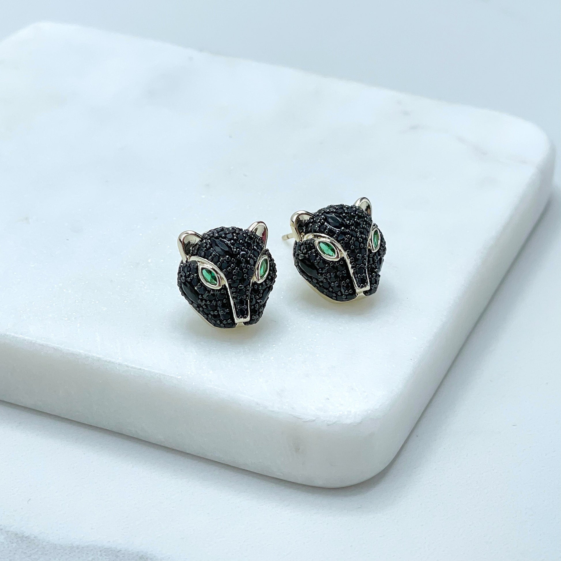 18k Gold Filled Black Micro Pave Cubic Zirconia with Panther Head Design Stud Earrings Wholesale Jewelry Making Supplies