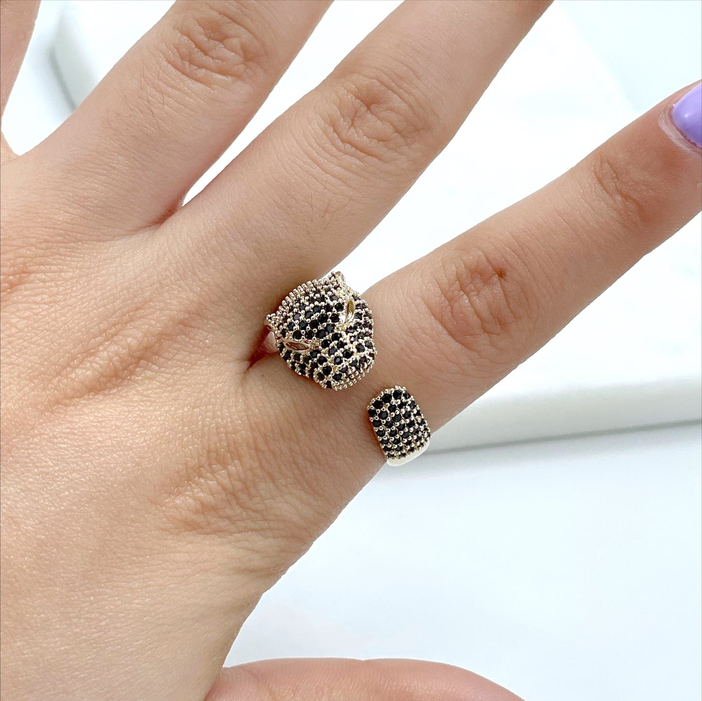 18k Gold Filled Black Micro Pave Cubic Zirconia with Panther Head Design Ring Wholesale Jewelry Making Supplies
