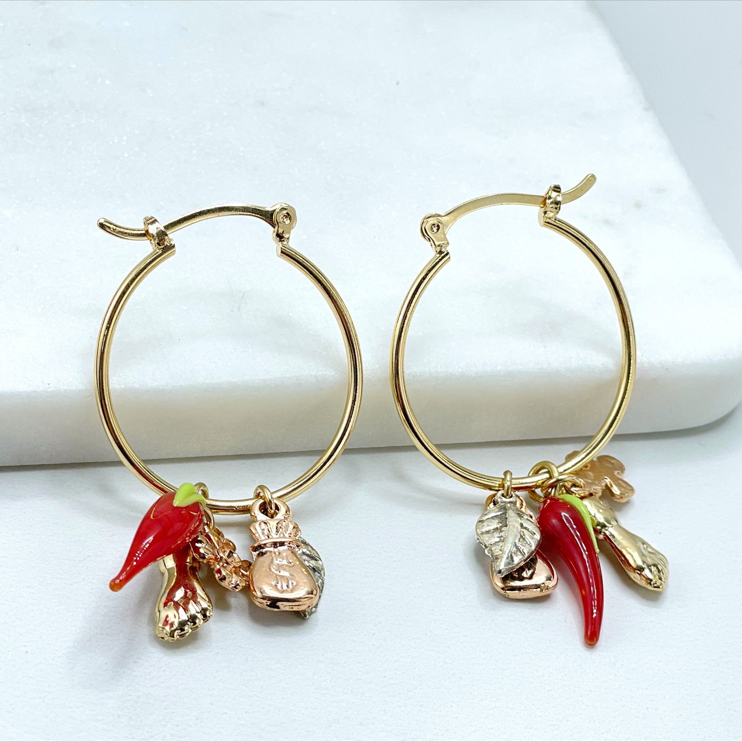 18k Gold Filled Lucky Luck Hoops with Chili, Money Bag, Leaf, Hand & Clover Charms, 28mm Hoops Earrings, Wholesale Jewelry Making Supplies