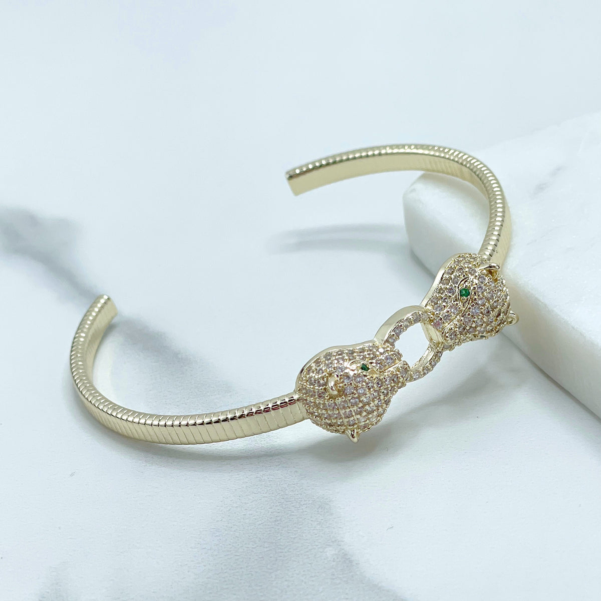 18k Light Gold Filled with Micro Cubic Zirconia Texturized Panthers Shape Cuff Bracelet Wholesale Jewelry Making Supplies