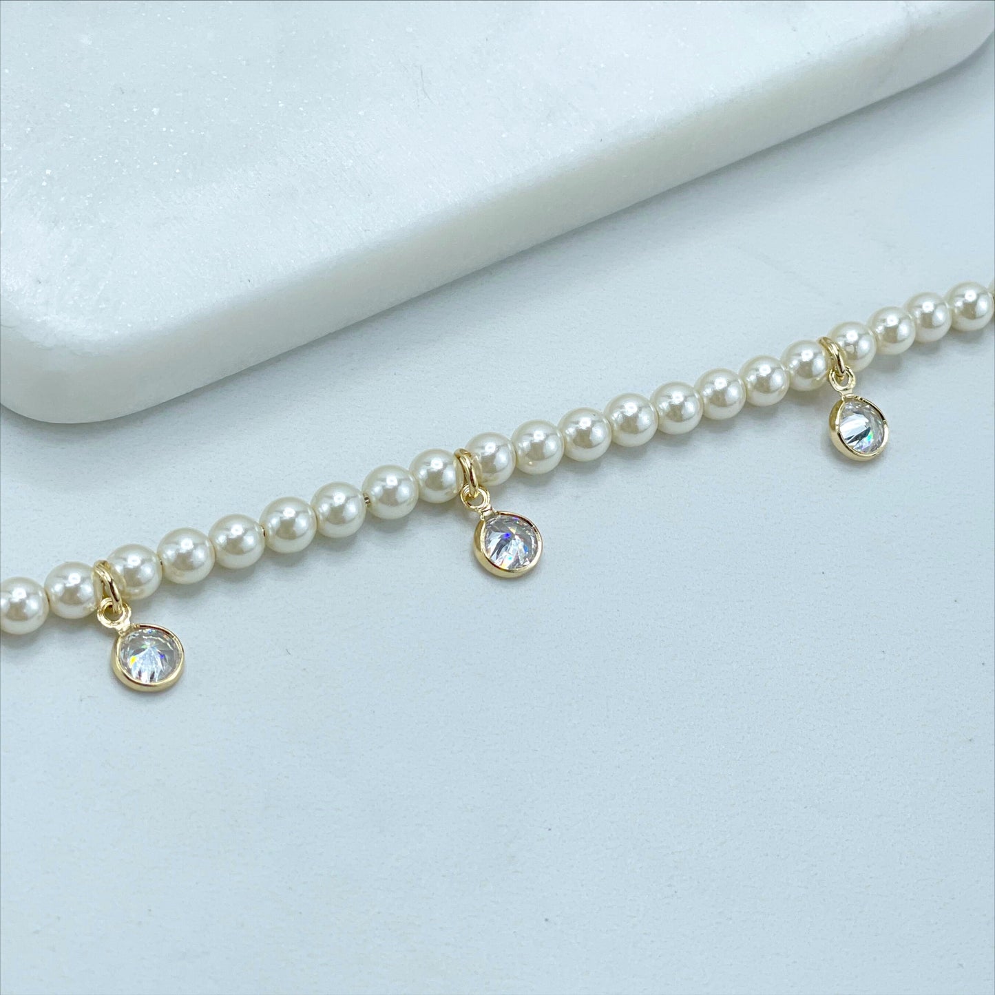 18k Gold Filled 4mm White Simulated Pearls, Width Cubic Zirconia Necklace or Bracelet Set Wholesale Jewelry Supplies
