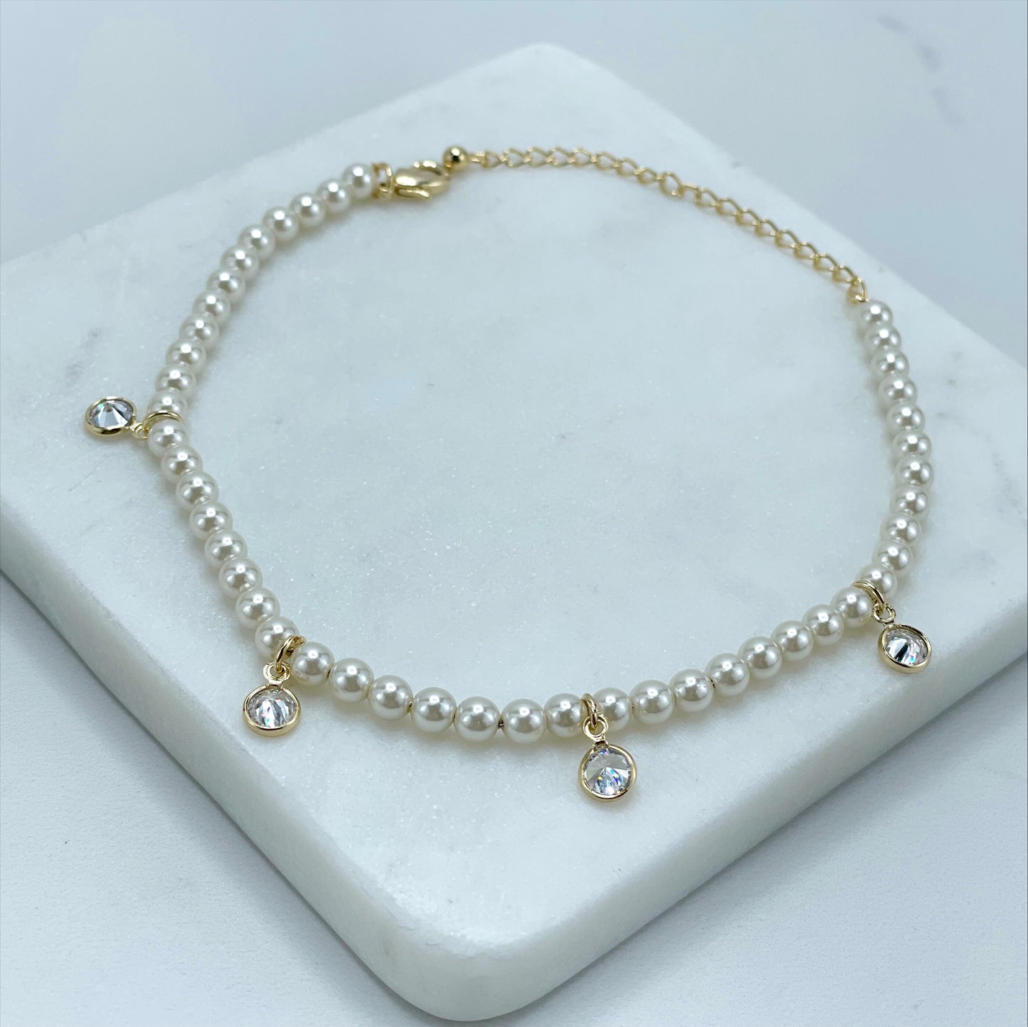18k Gold Filled 4mm White Simulated Pearls, Width Cubic Zirconia Necklace or Bracelet Set Wholesale Jewelry Supplies