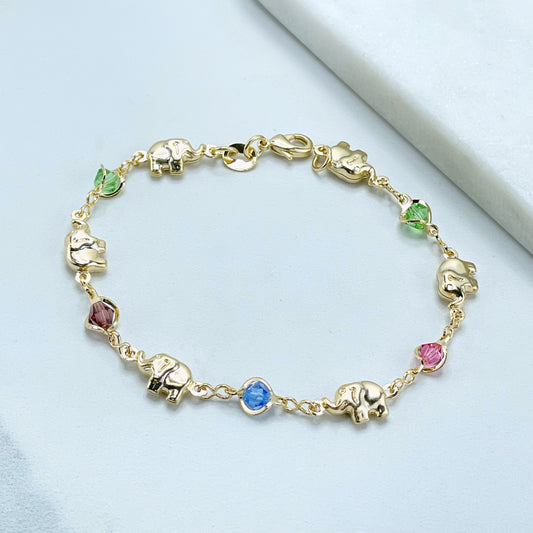 18k Gold Filled Elephants Colorful Stones Bracelet  Wholesale Jewelry Supplies