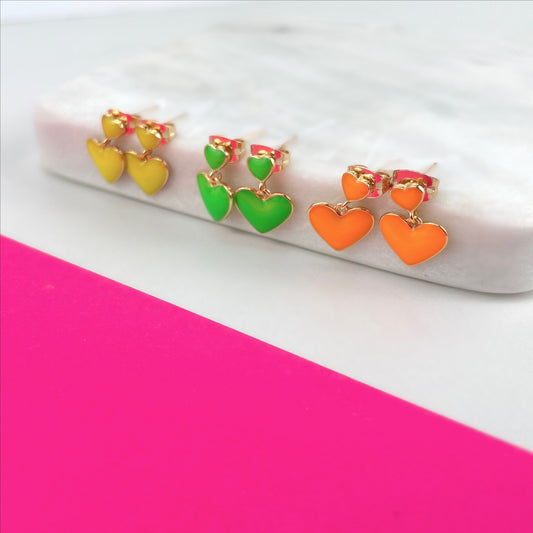 18k Gold Filled Colored Enamel Orange, Green or Yellow Hearts Earrings, Fashion Earrings, Wholesale Jewelry Making Supplies