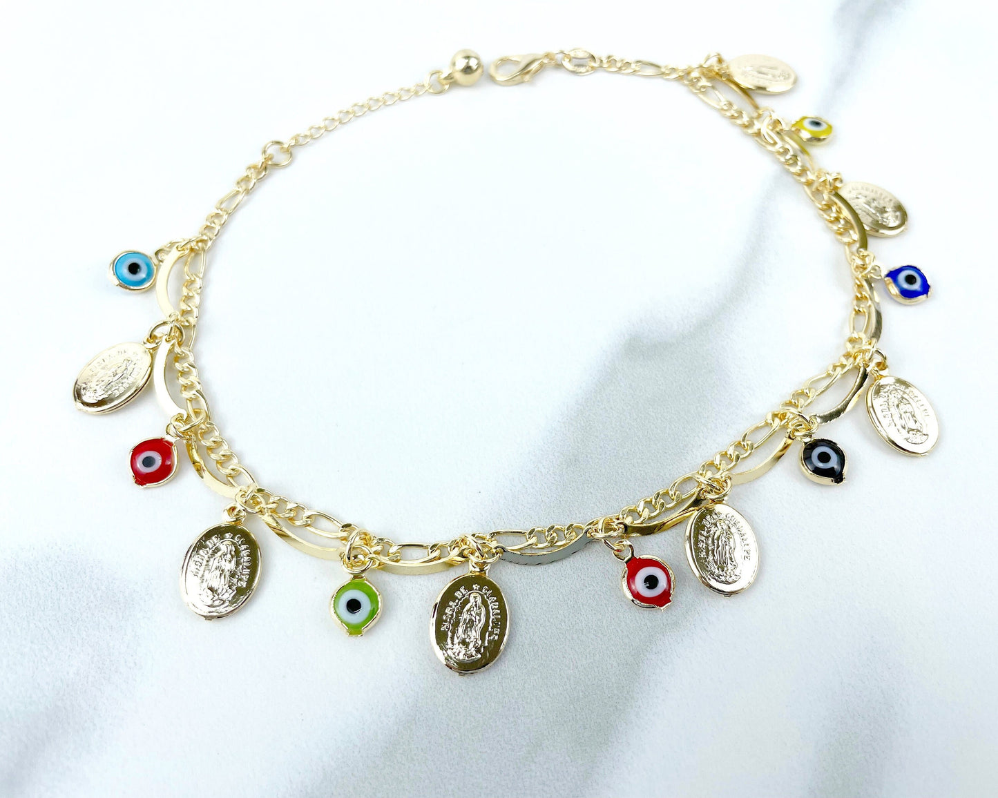 18k Gold Filled Double Chains, Mariner Link, Guadalupe Virgin, Colored Evil Eye Charms Anklet Wholesale Jewelry Making Supplies