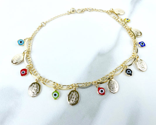 18k Gold Filled Double Chains, Mariner Link, Guadalupe Virgin, Colored Evil Eye Charms Anklet Wholesale Jewelry Making Supplies