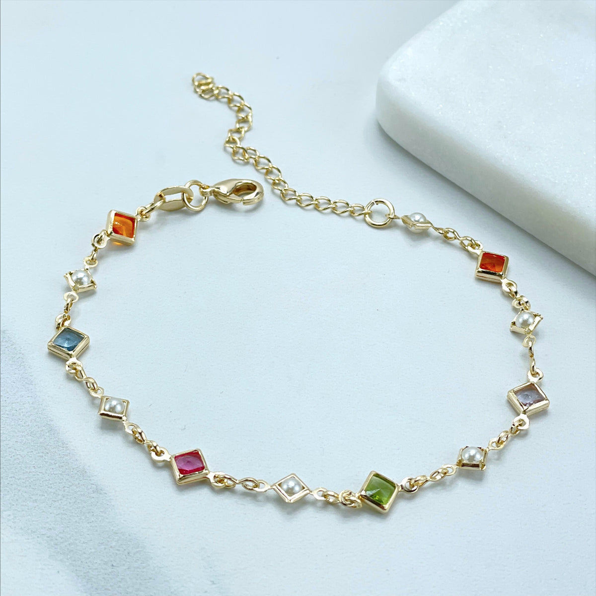18k Gold Filled Colorful Stones in Square, Simulated White Pearls, Bracelet Wholesale Jewelry Supplies