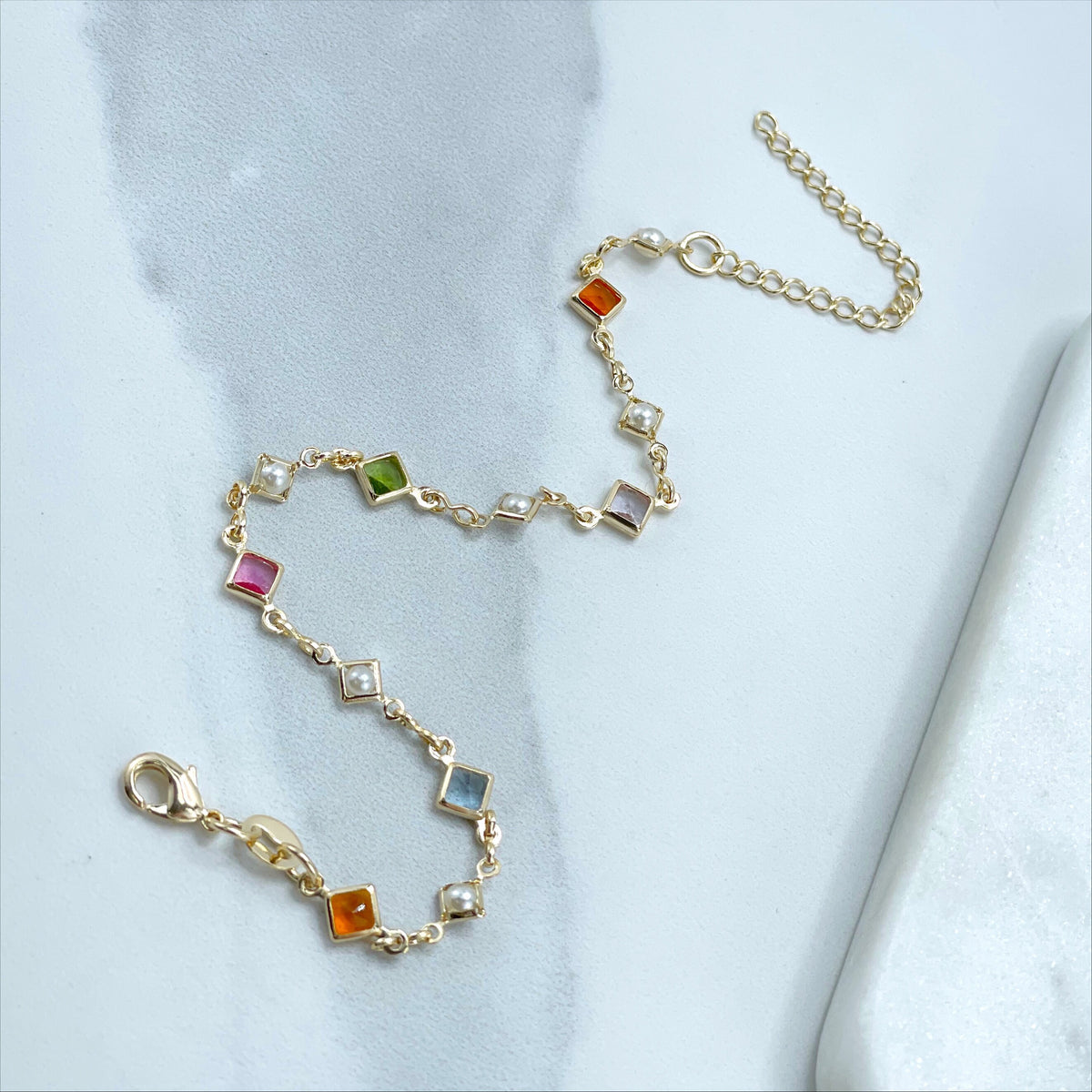 18k Gold Filled Colorful Stones in Square, Simulated White Pearls, Bracelet Wholesale Jewelry Supplies