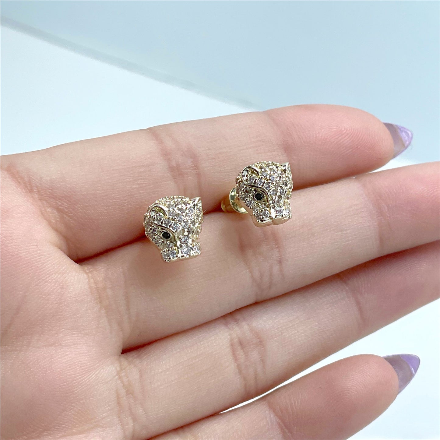 18k Gold Filled Micro Pave Cubic Zirconia with Cutie Panther Head  Shape Stud Earrings Wholesale Jewelry Making Supplies