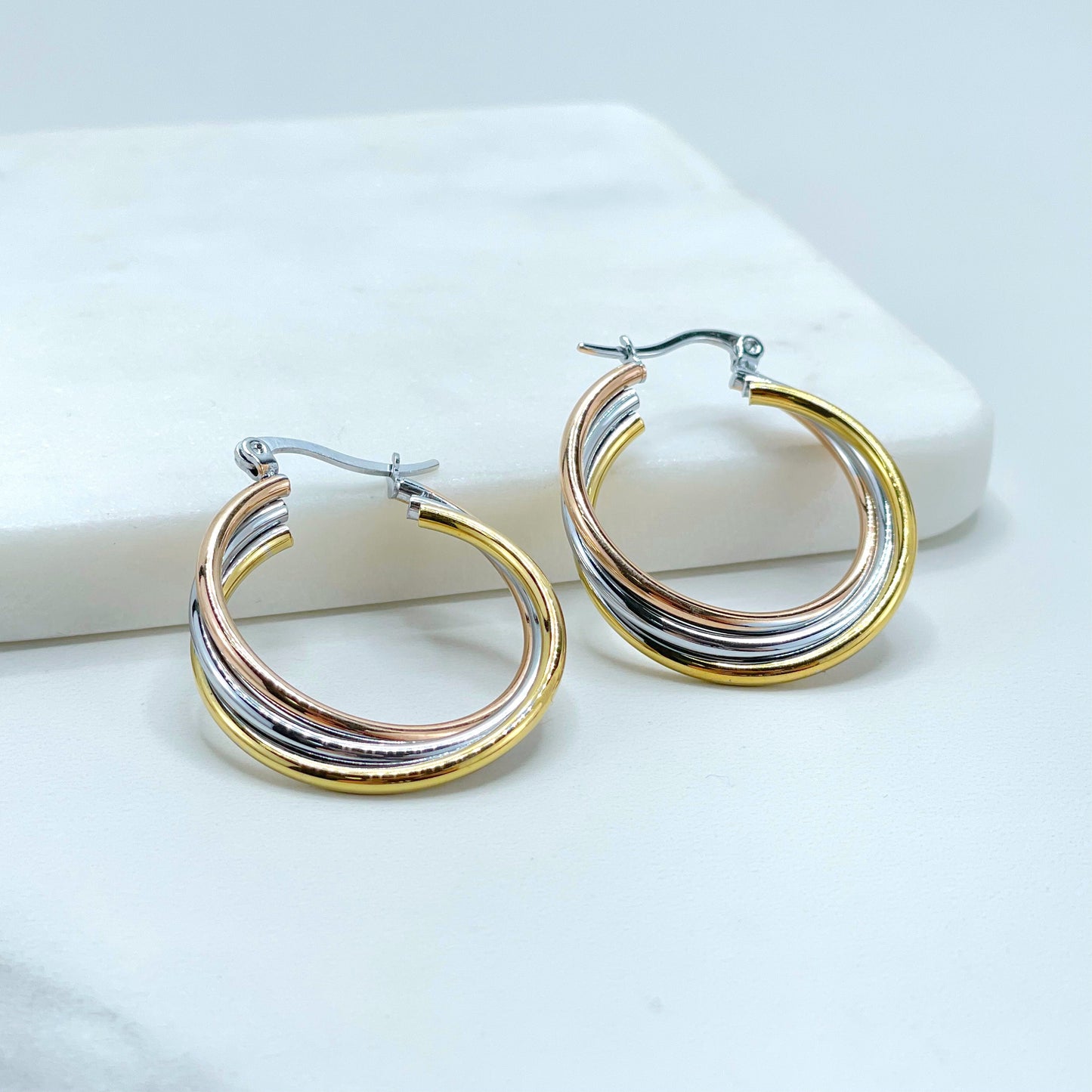 18k Gold Filled Three Tone Detail, 29mm Twisted, 6mm Thickness Hoop Earrings Wholesale Jewelry Making Supplies