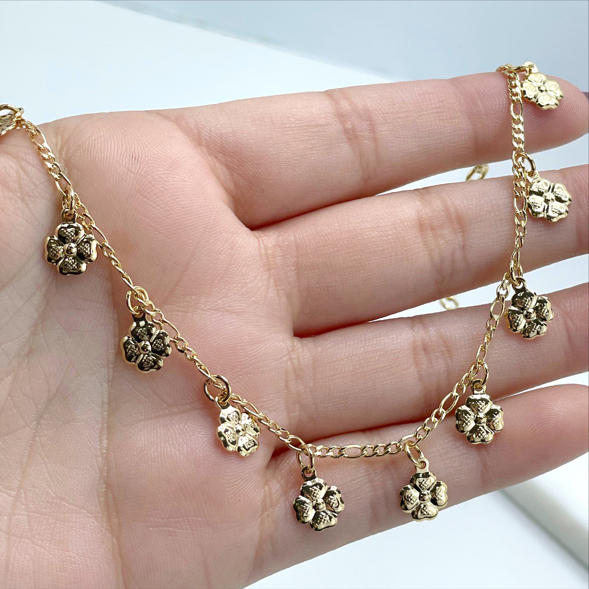 18k Gold Filled 2mm Figaro Link, Flowers Charms Anklet Wholesale Jewelry Supplies