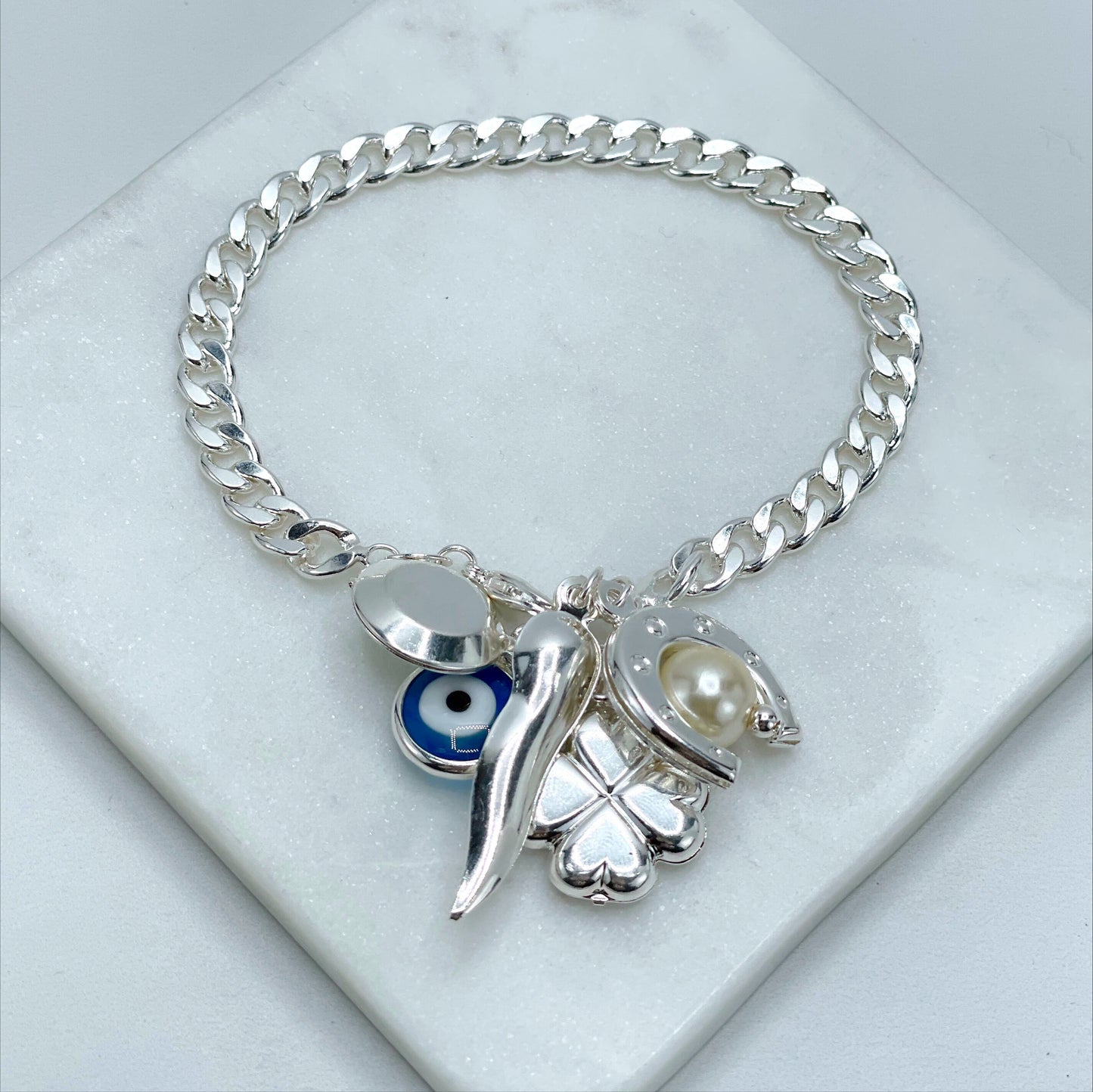 18k Silver Filled Curb Link Chain with Blue Greek Eyes, Horseshoe, Simulated Pearl, Circle and Travel Charms Bracelet, Wholesale Jewelry